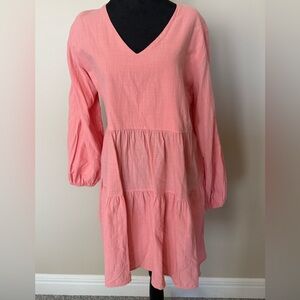 Pink V-Neck Long Sleeve Dress